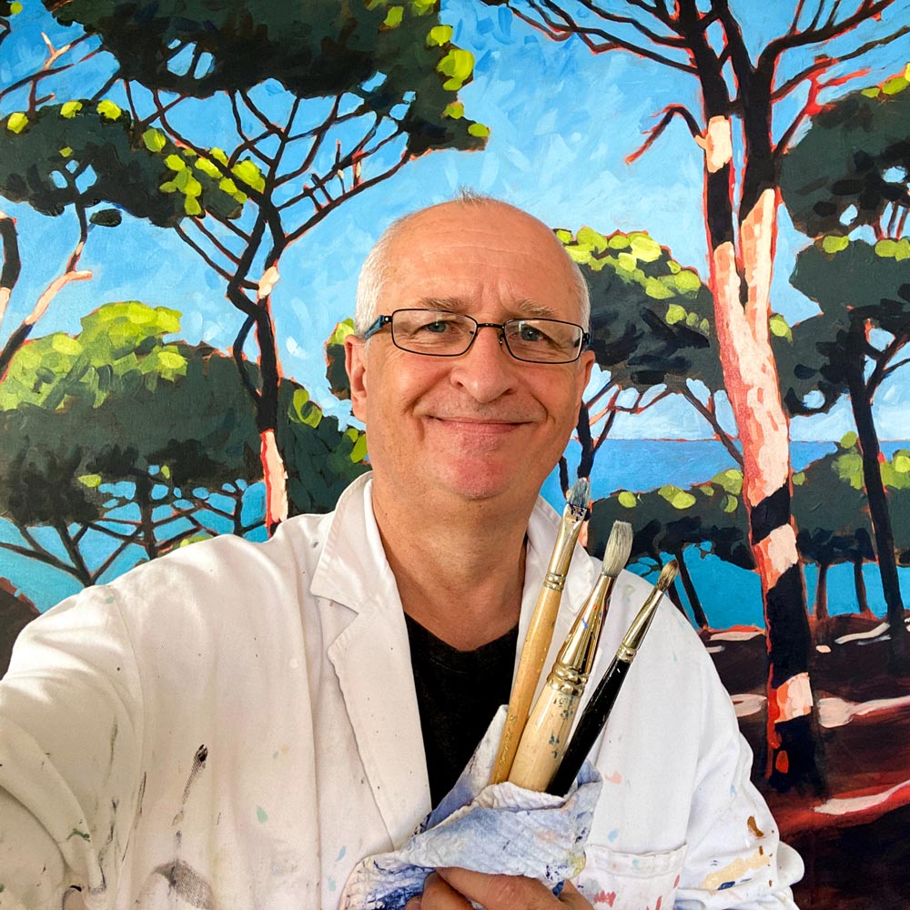 Enrico Pestalozzi, peintre paysagiste suisse, dans son atelier